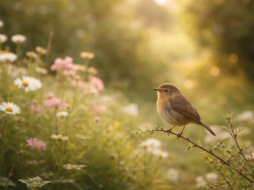 A small bird perched on a garden branch in warm cottage-garden light, evoking affectionate “bonny bird” praise.