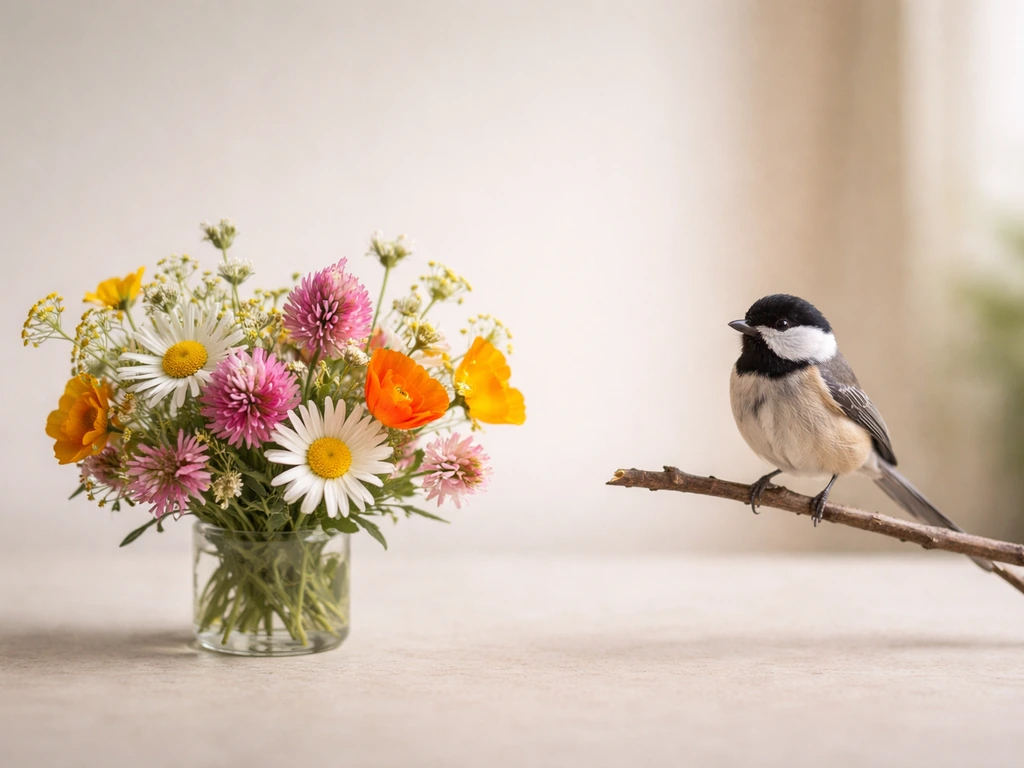 Wildflowers and a small bird perched on a branch, suggesting “bonny” and “bird” side-by-side.