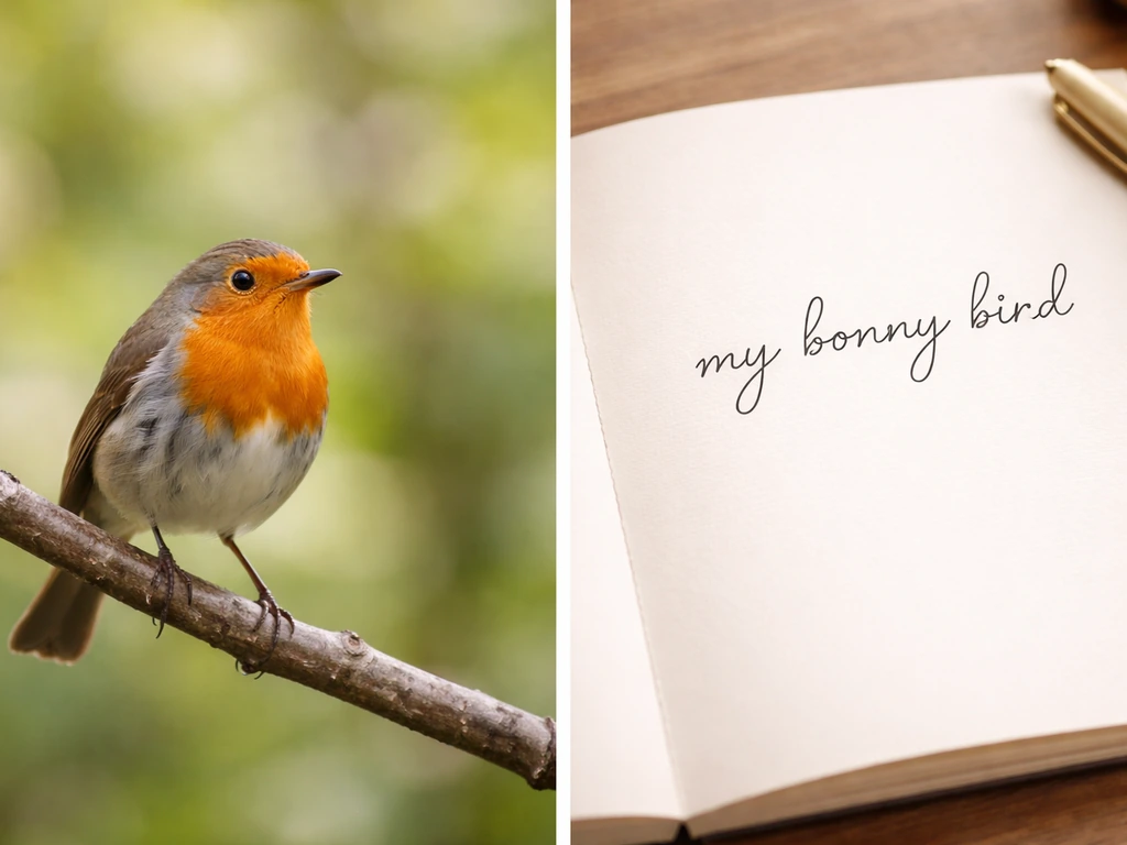 Left: small songbird on a branch; right: handwritten “my bonny bird” on a notebook page.