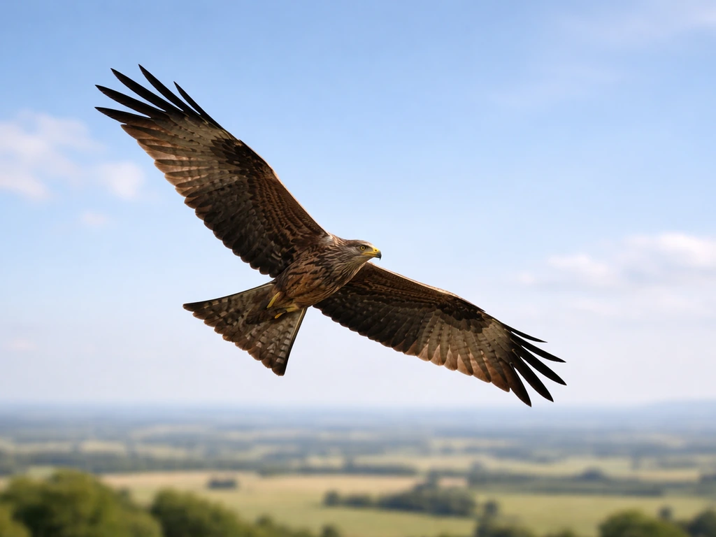 Close-up of a black kite circling over open countryside fields and blue sky.