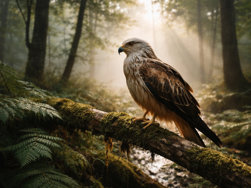 A kite-like bird perched on a branch in a misty jungle, inspired by Kipling’s Chil.