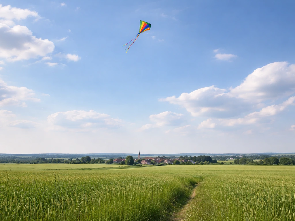 A kite circling above green fields toward a small village under bright sky.