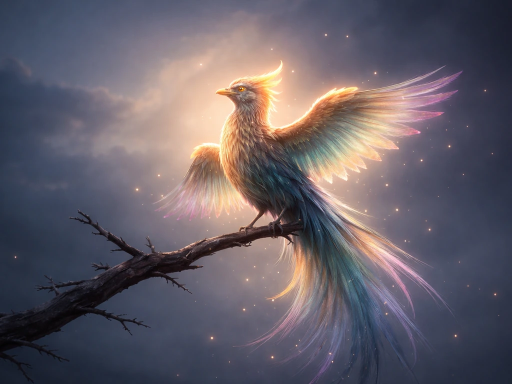 Luminous mythological bird with radiant wings in a soft, poetic sky glow, symbolizing fortune
