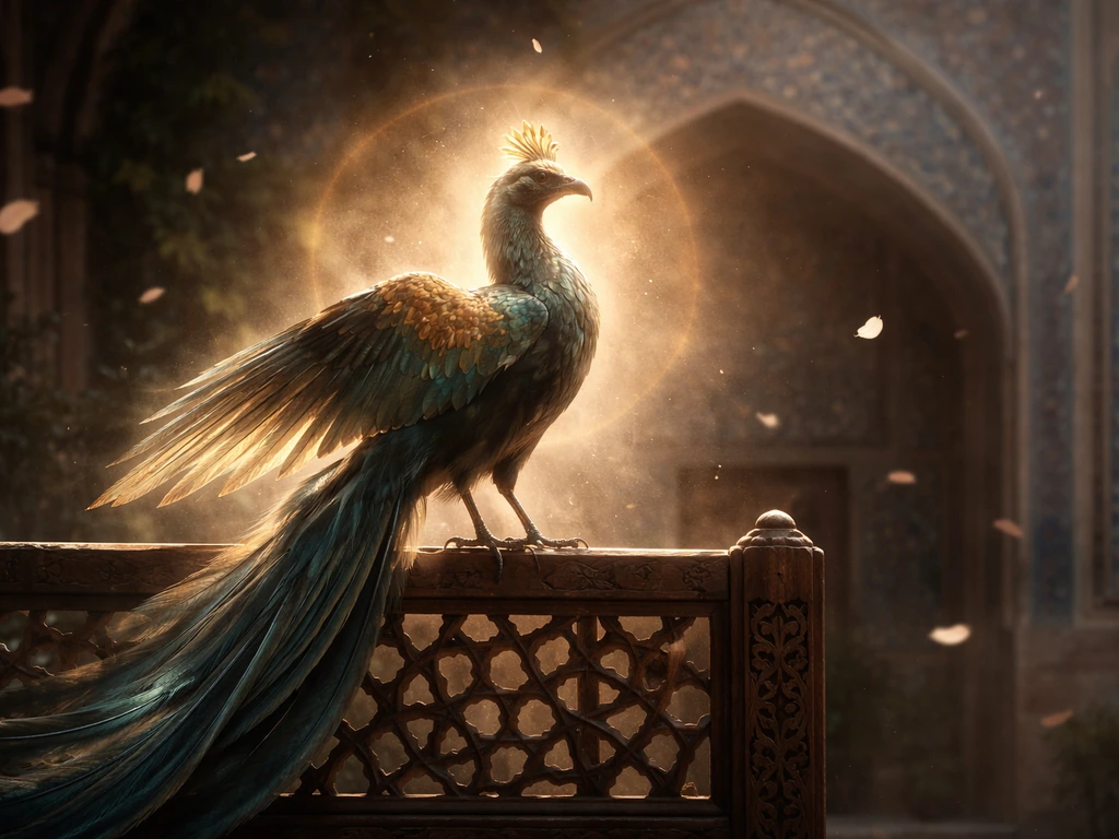 Elegant mythological Huma bird perched in a Persian courtyard with subtle fortune-like glow and arabesque tiles.