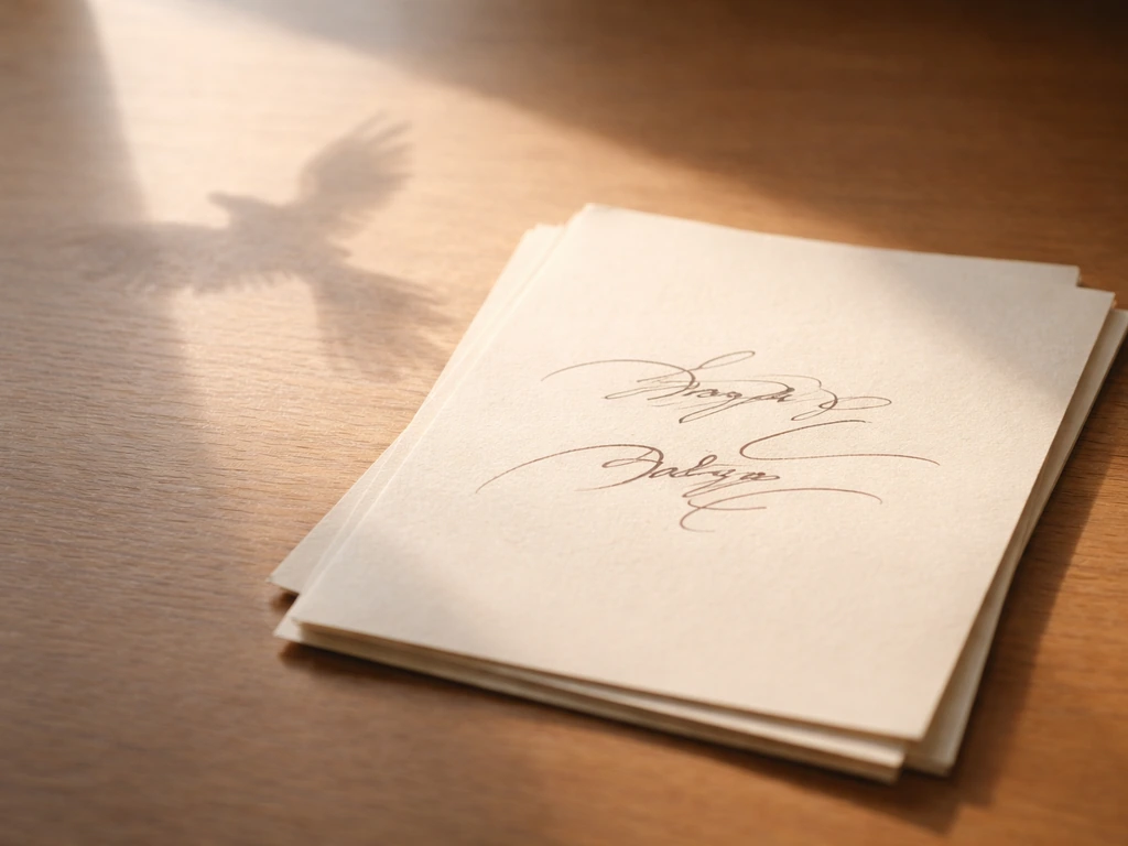 Close-up of handwritten-style metaphor phrases on paper, with a soft bird-shaped shadow on the desk.