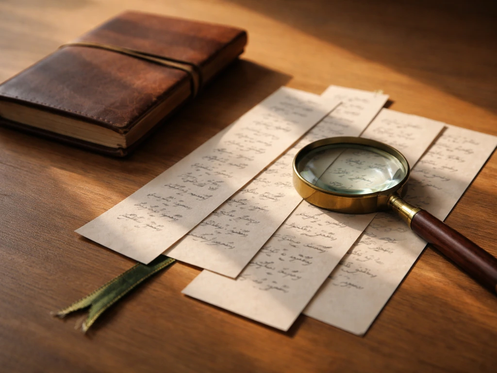 Minimal desk scene with magnifying glass over blurred Urdu/Persian script, casting a subtle shadow motif.