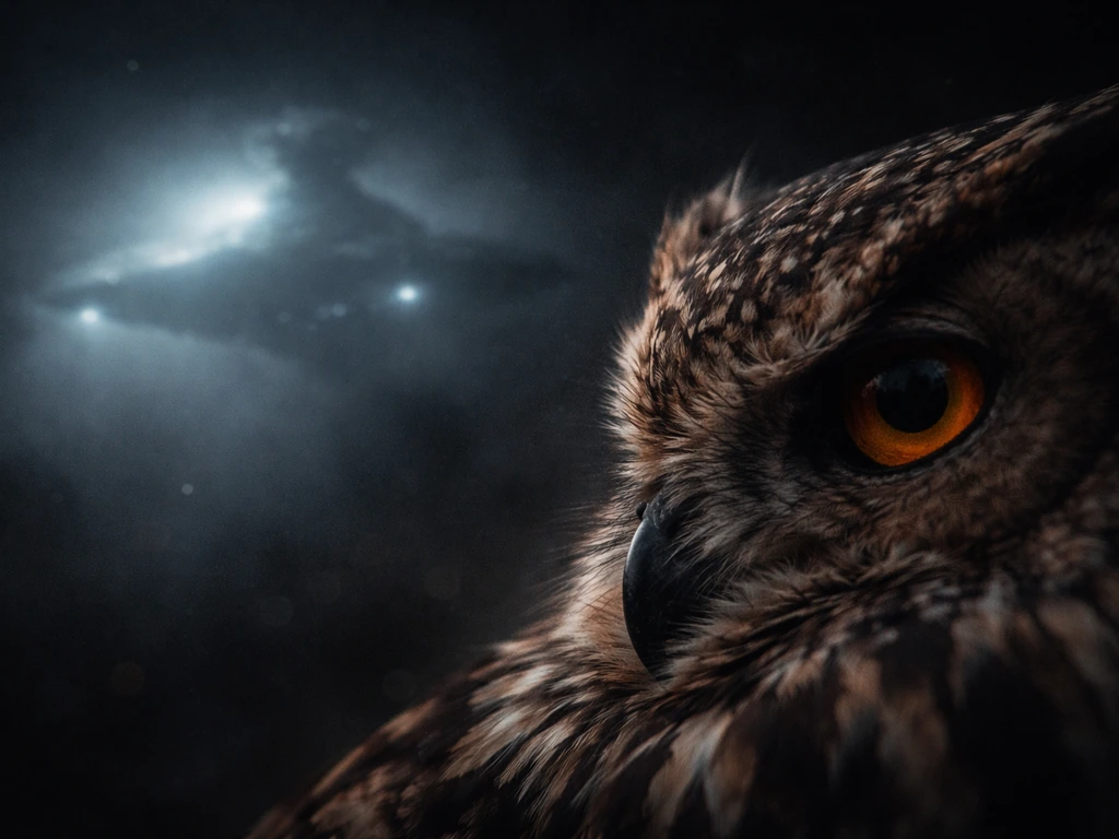Close-up of owl-like bird feathers and glowing silhouette of a distant starship in moody light