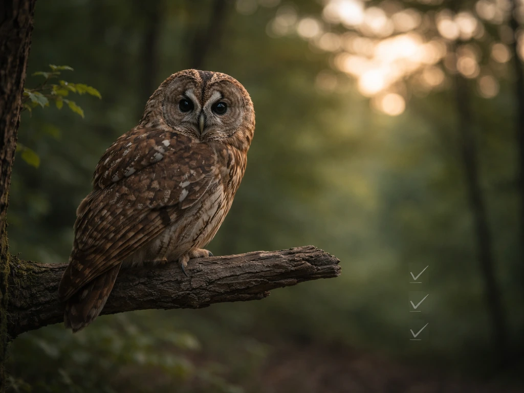 An owl perched in soft twilight light, symbolizing wisdom and watchfulness in a quiet natural setting.