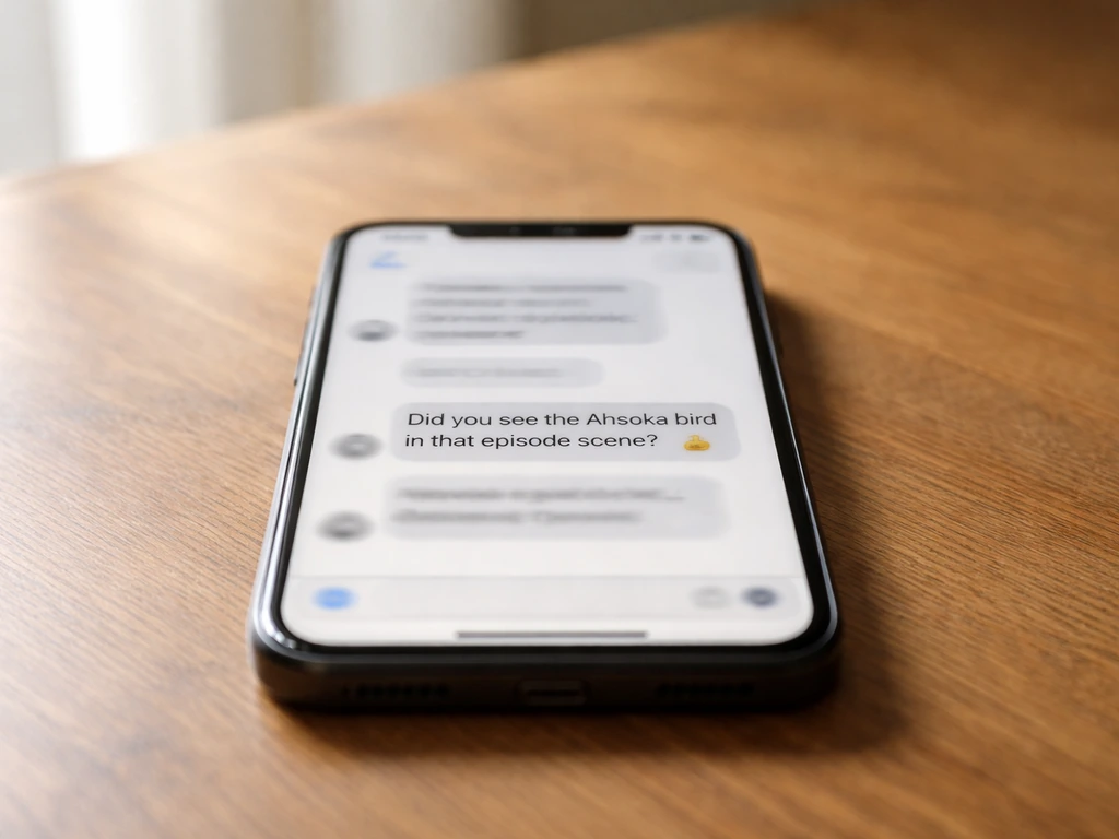 Phone on a wooden table showing blurred chat messages with the phrase “Ahsoka bird”.