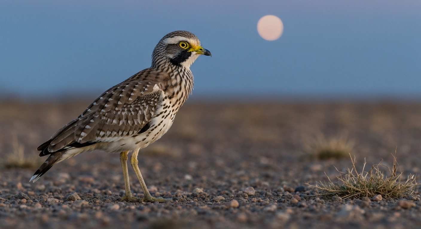 Spotted Thick-knee (Burhinus capensis) in freeze posture at dusk on stony ground, showing large yellow eye and camouflaged plumage.