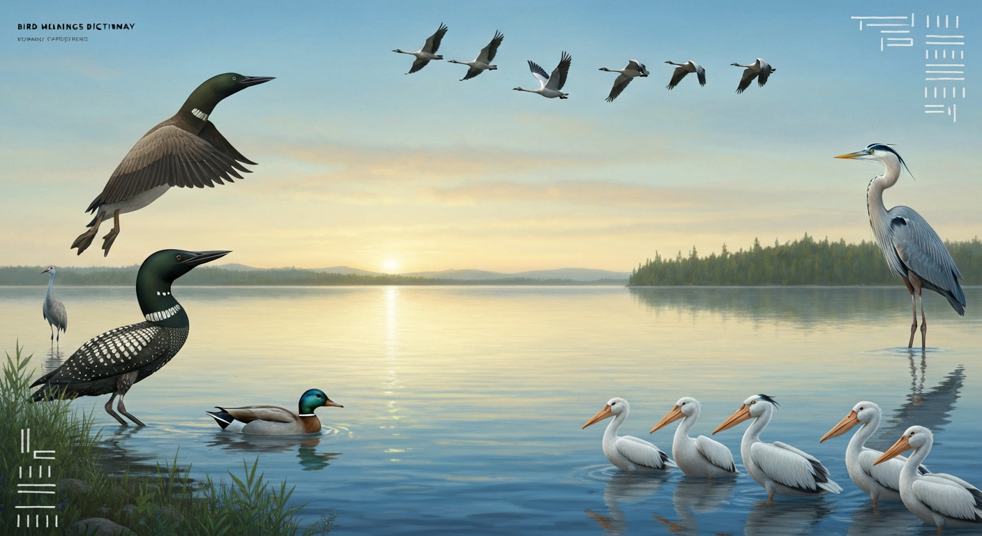 Panoramic dawn view over a still northern lake showing a loon surfacing, a heron at the shoreline, ducks on the water, a swan in flight, geese flying in V, pelicans fishing together, and a distant crane; painterly-realistic, calm dawn light, with subtle abstract Indigenous-inspired patterns (non-tribal) and space for a headline.