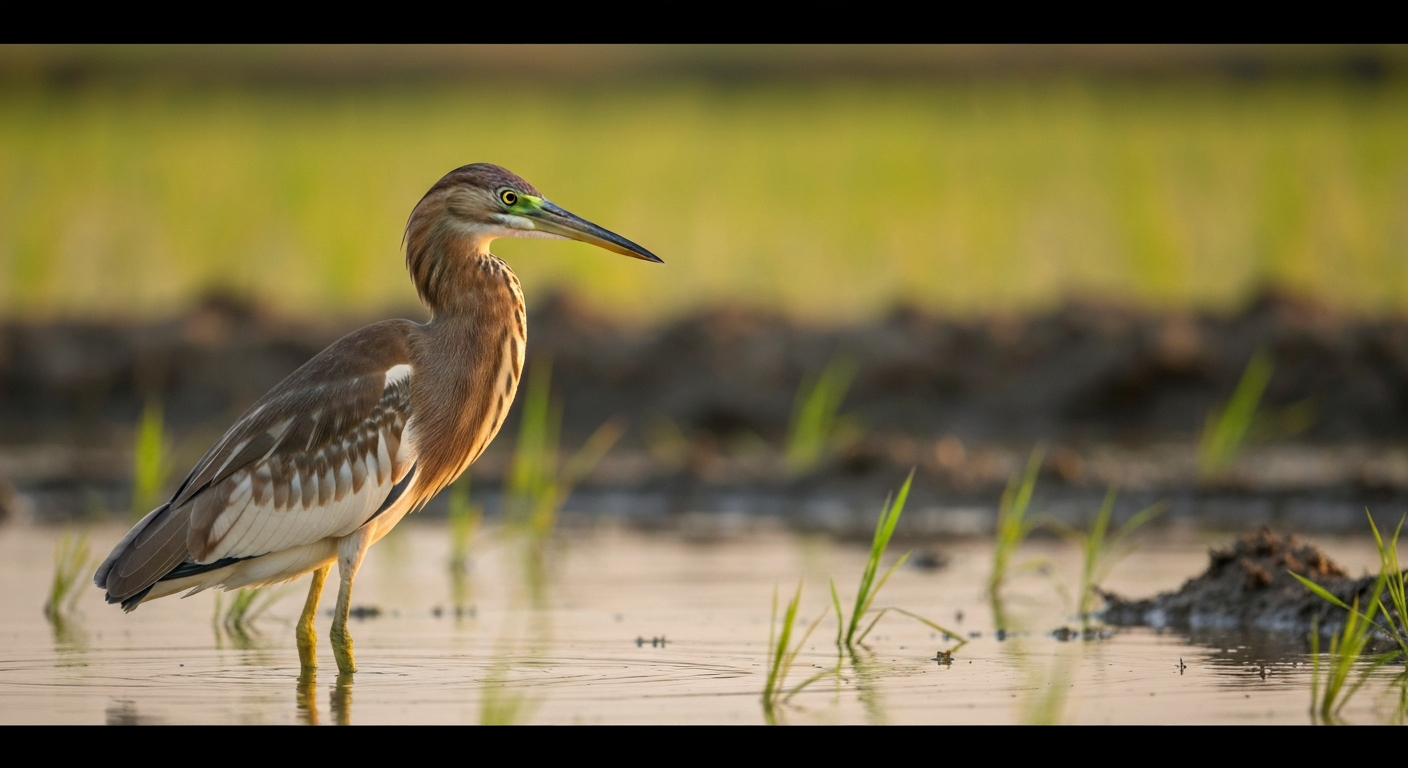 Indian Pond-Heron (Ardeola grayii) standing motionless in a paddy field, illustrating the bird commonly called 'kokku' in Tamil and Malayalam.
