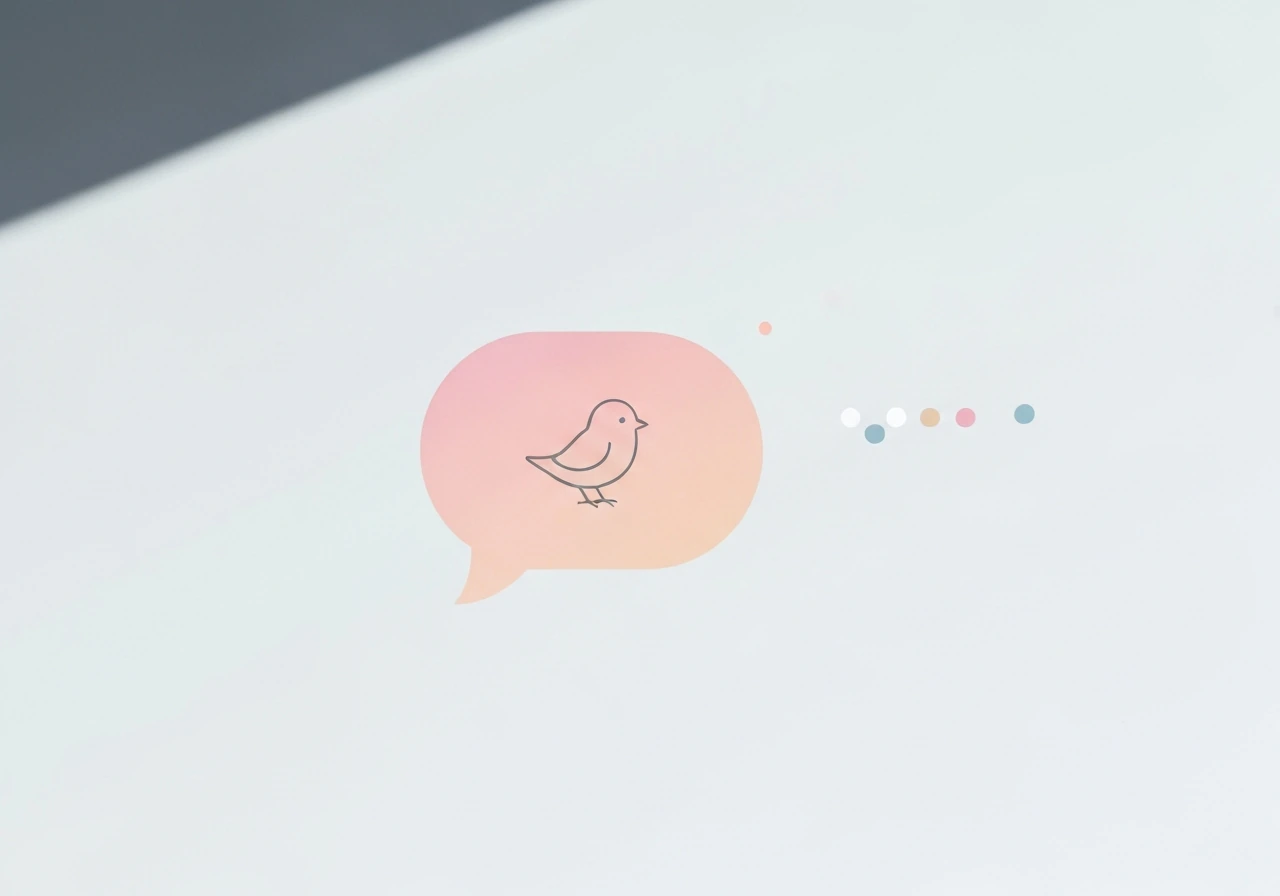 Minimal bright scene with a relaxed bird motif beside a chat bubble, suggesting “cool energy” in texting
