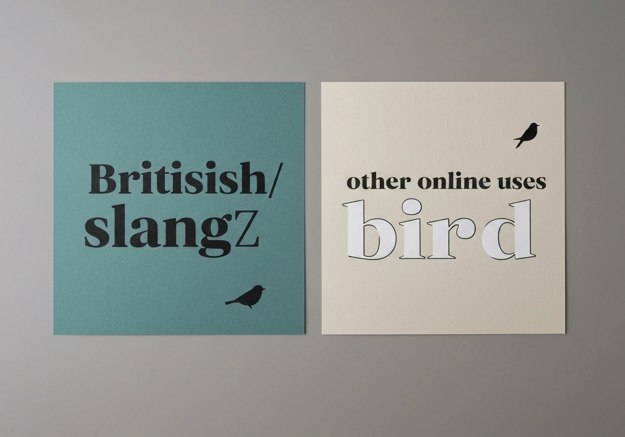 Minimal split-scene showing British/Irish slang “bird” vs other online uses with distinct typography cards.