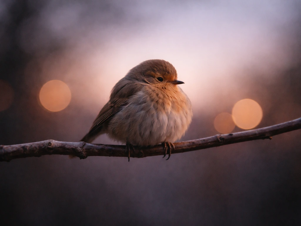A small bird asleep on a branch in soft twilight, calm and vulnerable mood.