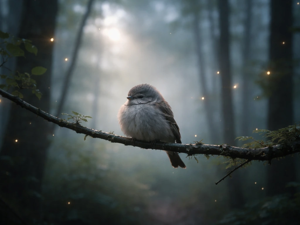 A sleeping bird perched in a softly glowing misty ethereal forest, conveying dreamlike intuition.