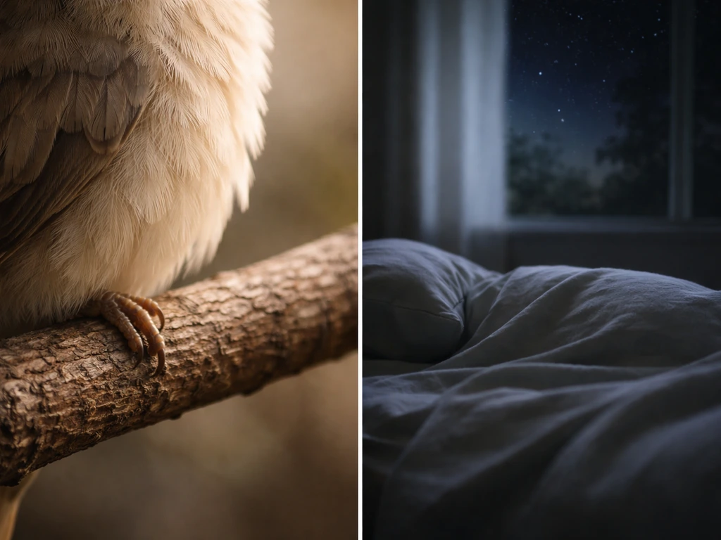 Close-up resting bird feather and a separate calm night sleep scene split into two halves.