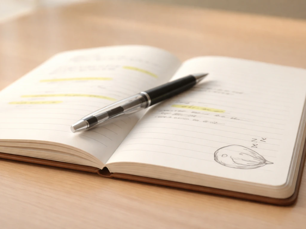 Notebook with highlighted phrases and pen beside a small sketch icon of a sleeping bird