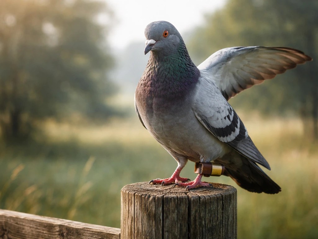 Carrier pigeon perched on a fence post with a small message container tied to its leg.