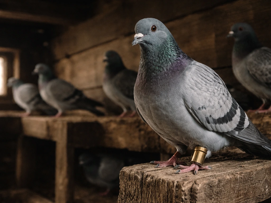 Historical loft with homing pigeons perched on wooden beams, one with a small message tag on its leg.