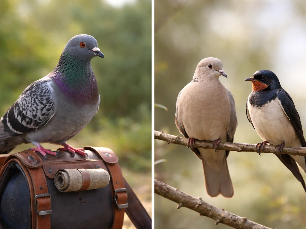 Carrier/homing pigeon with a small gear pack beside a dove and swallow on branches.