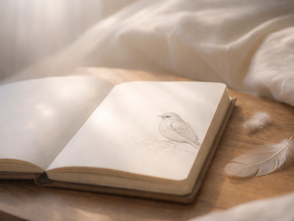 Open journal with a faint bird sketch and subtle dreamlike haze, symbolizing inner interpretation.