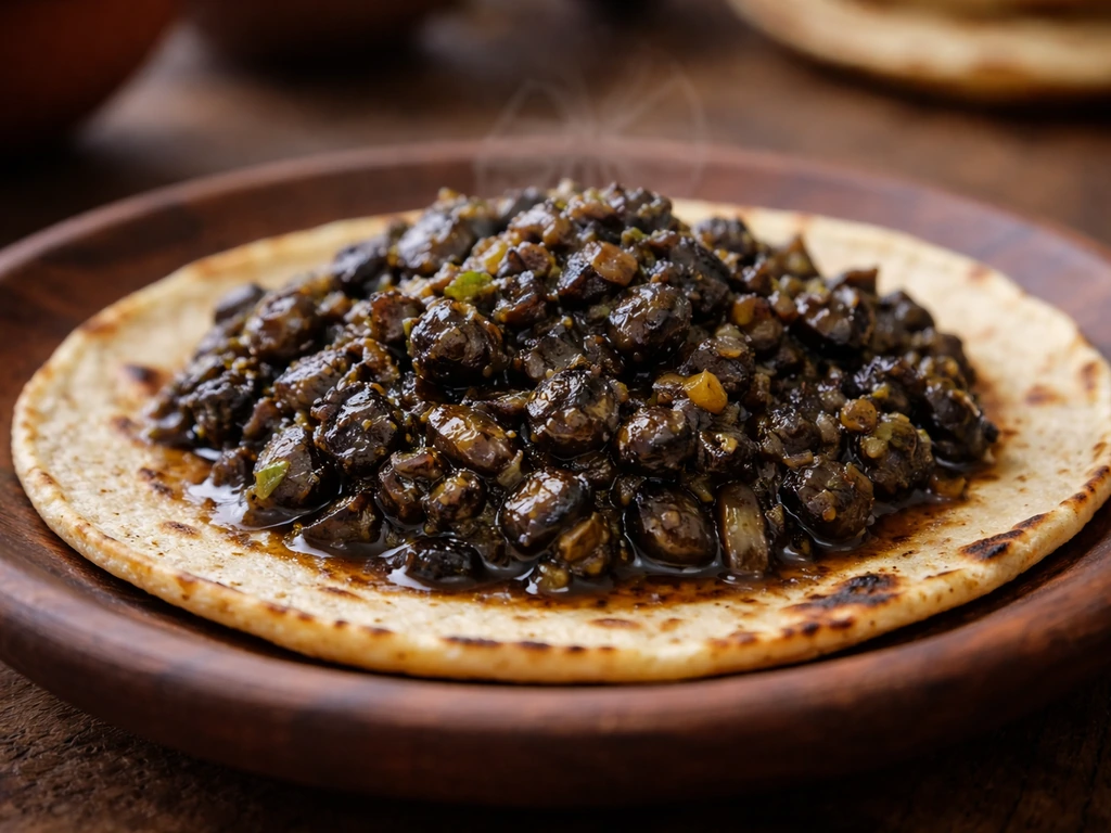 Close-up of dark smoky huitlacoche served on a corn tortilla on a rustic plate.