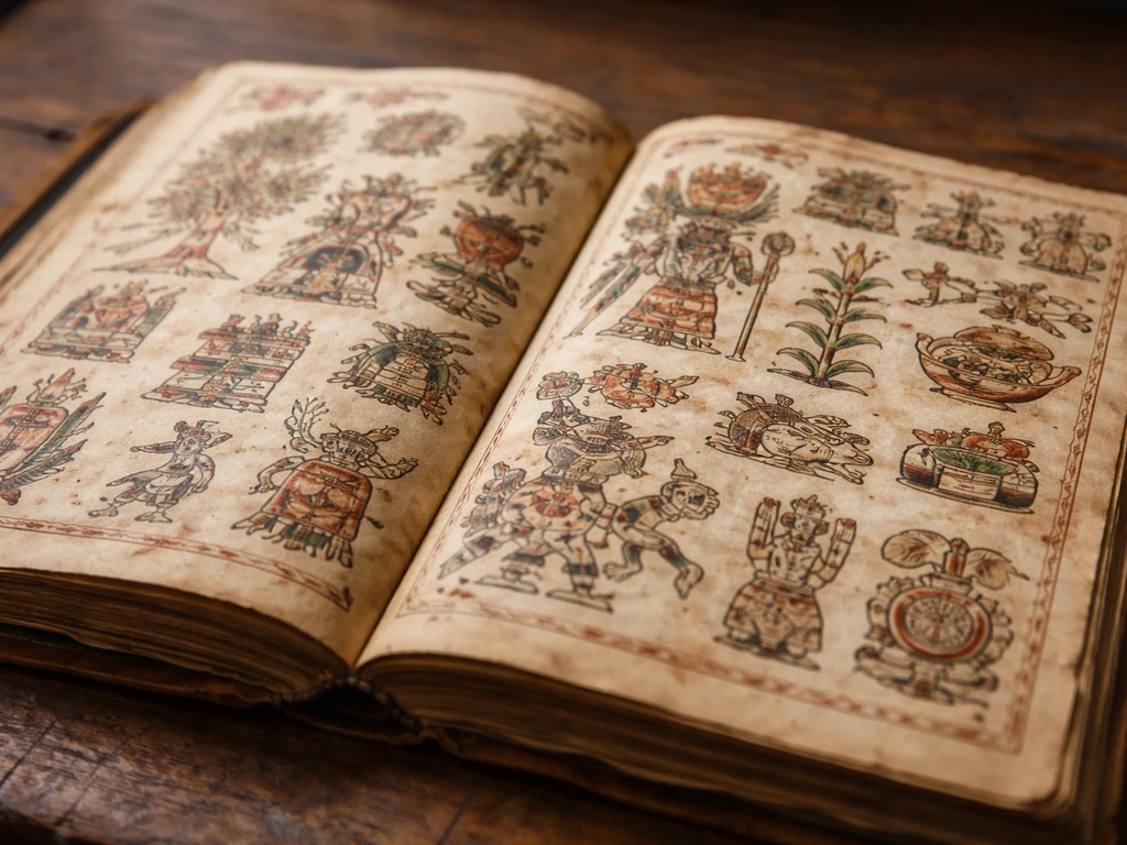 Close-up of an open, aged illustrated Nahuatl manuscript page on a wooden table.