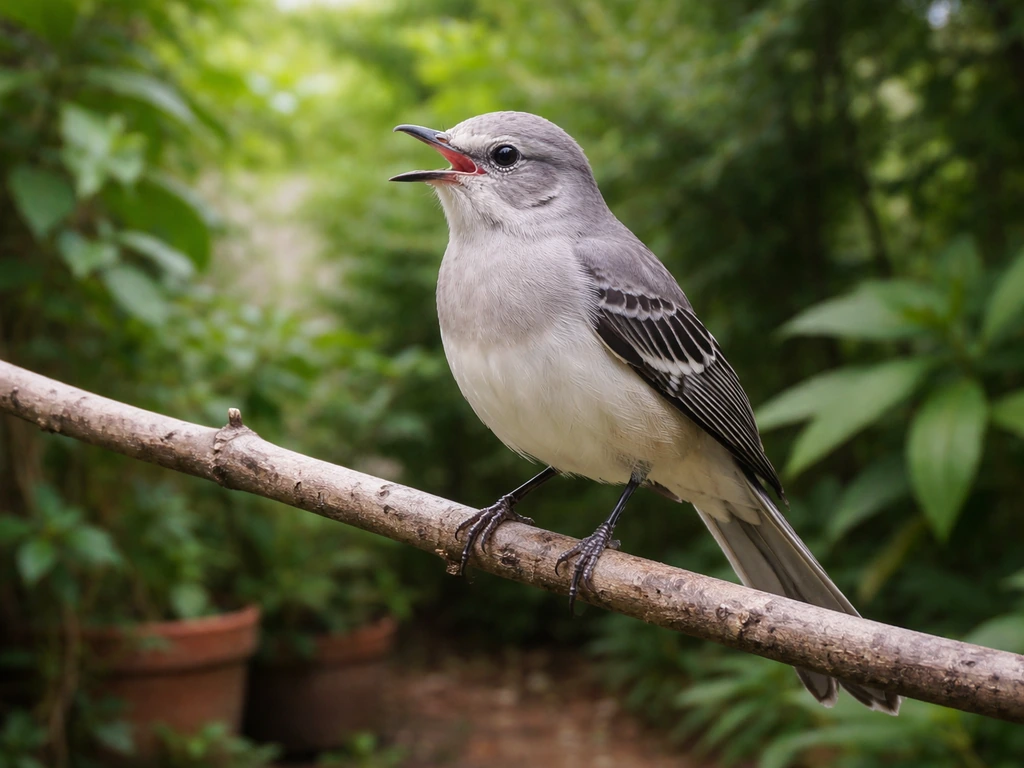 A Northern mockingbird perched on a branch in a quiet Mexican garden, suggesting the “cuitlacochin” bird link.