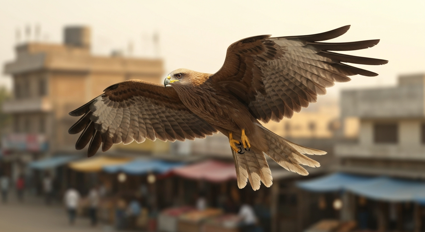 Black Kite (Milvus migrans) soaring above a Gujarati city market at morning light, showing forked tail and pale underwing patch.