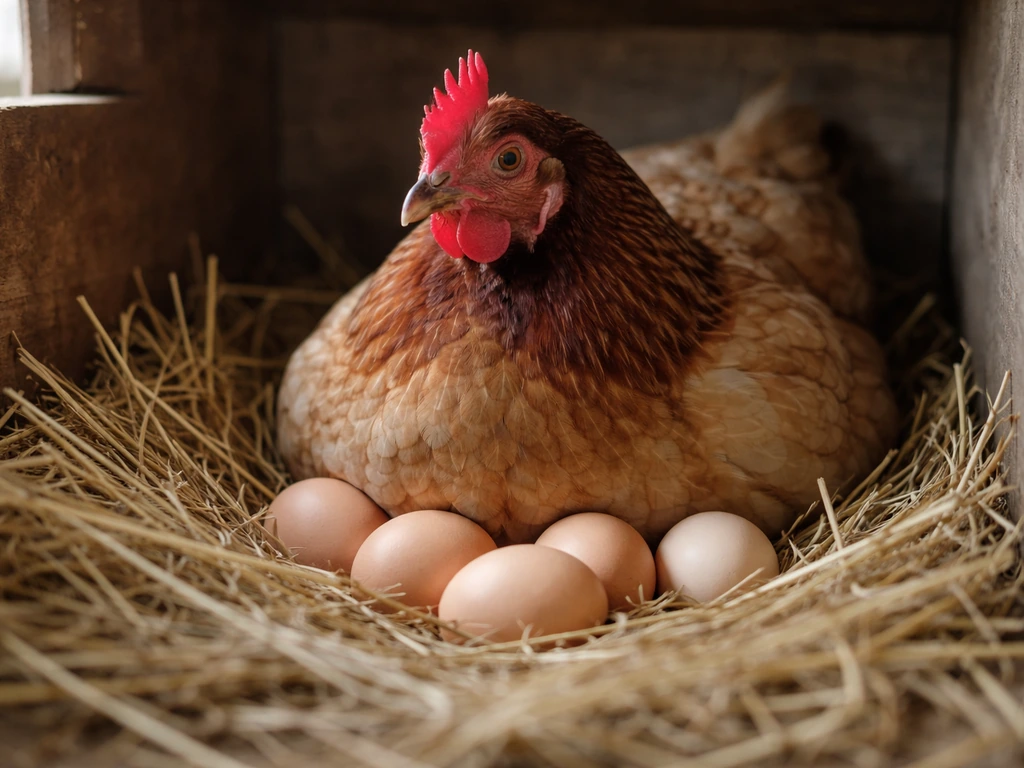 Broody hen resting on straw in a nesting box with several eggs around her