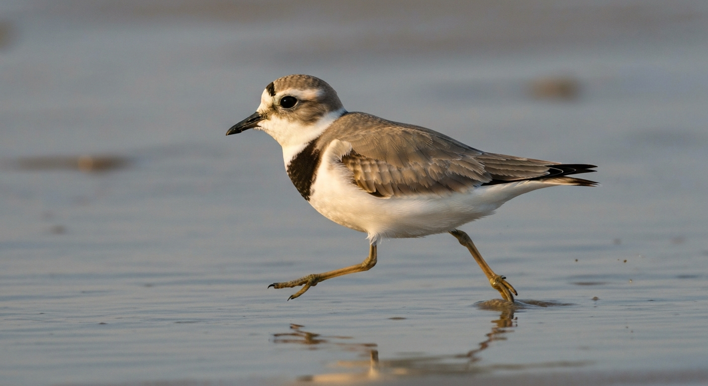 Plover running on a sandy beach at golden hour, showing its rounded head, short bill, and dark breast band.