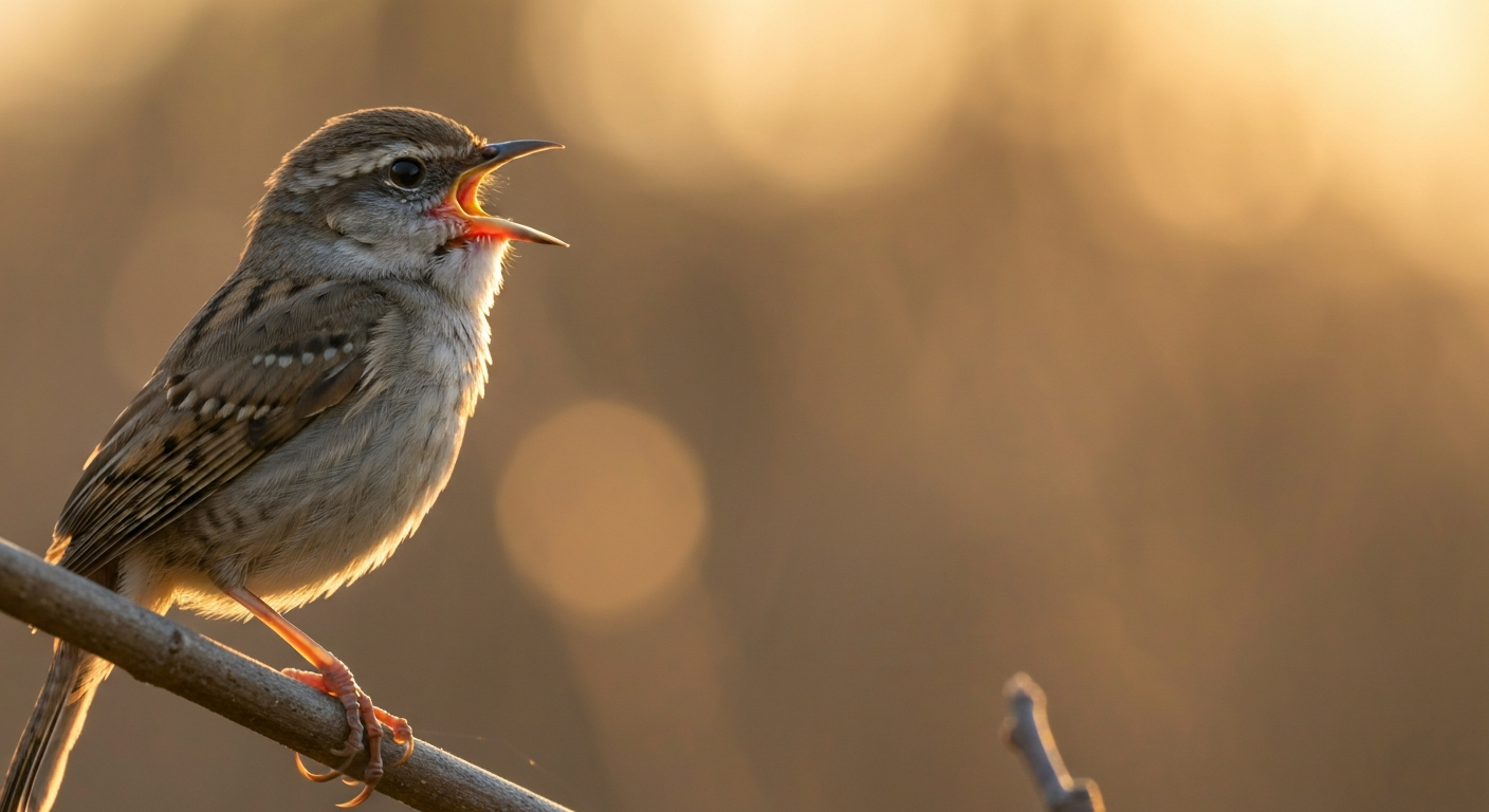 House sparrow perched on a branch, beak open as it chirps.