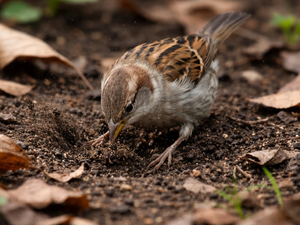 Close-up of a ground-scratching bird working the soil among leaf litter and dirt.