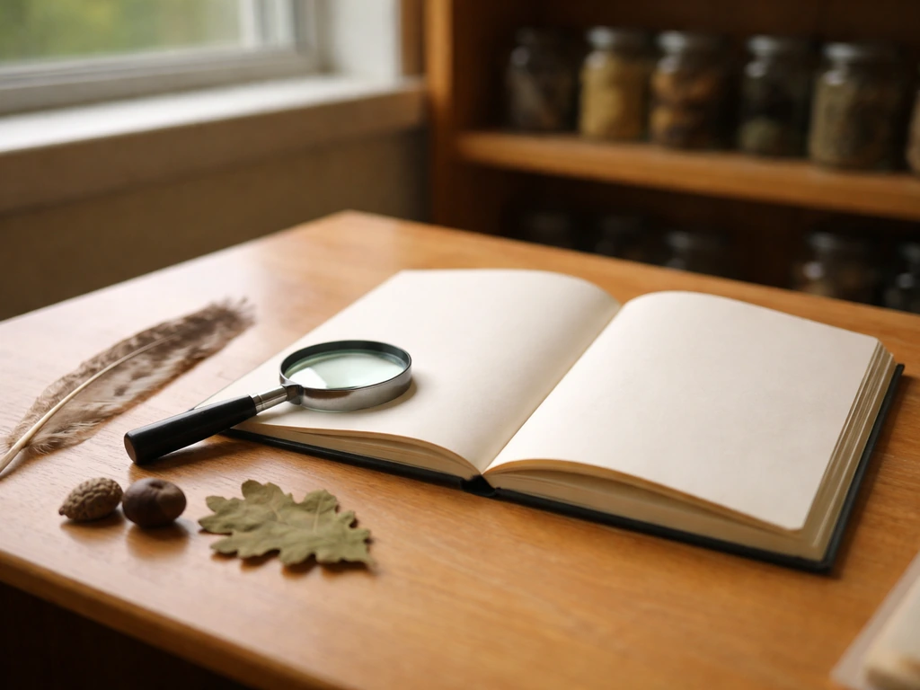 Close-up of a field guide on a desk beside a simple bird-feather and magnifier in a biology classroom.