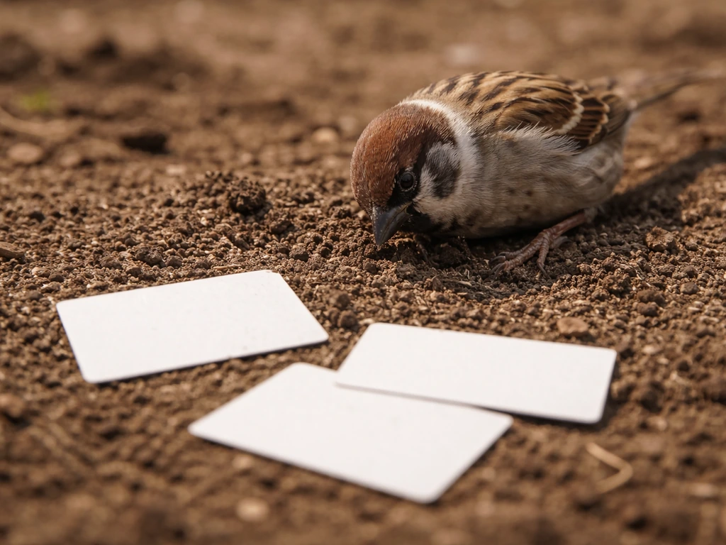 Small bird foraging and scratching in dirt, with a few blank cue cards nearby.