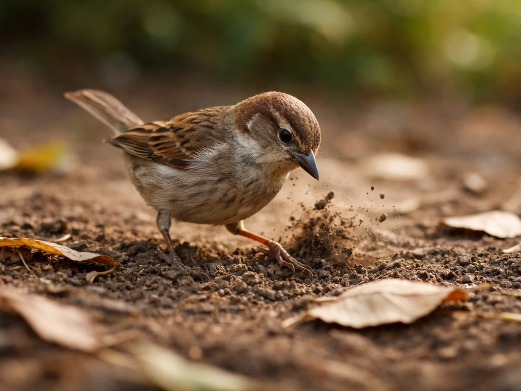 A small ground-scratching bird in a quiet garden yard, flinging leaves and dirt while foraging.