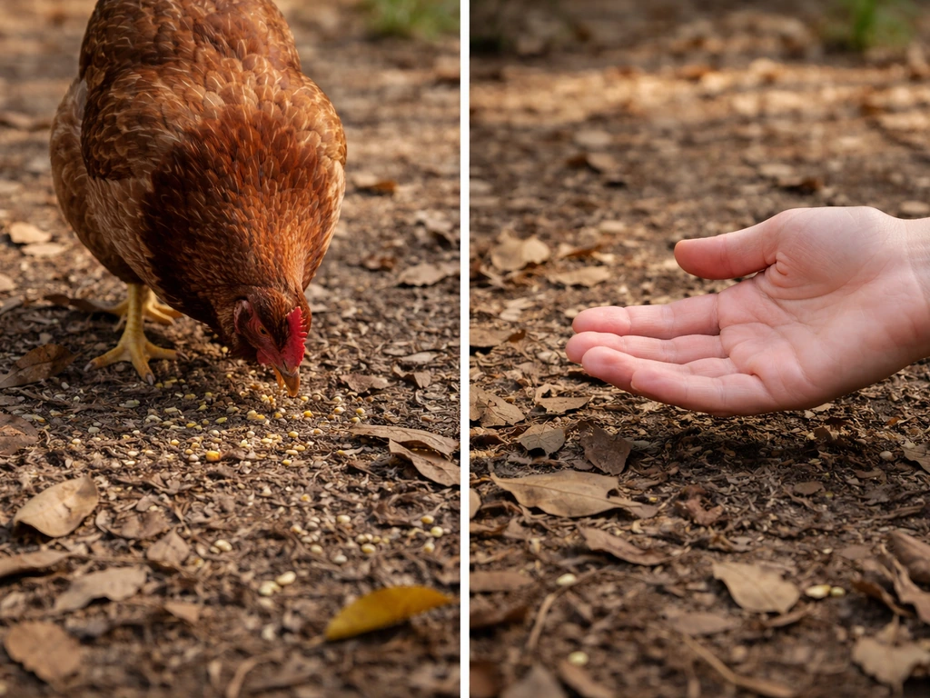 Close-up of a hen foraging in leaf litter beside an empty open hand searching in soft light