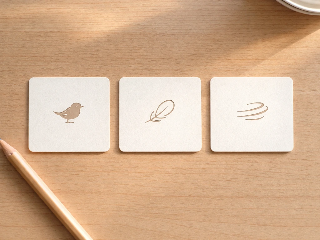 Three blank mini-cards on a wooden desk with simple bird-themed icons and a pencil nearby.