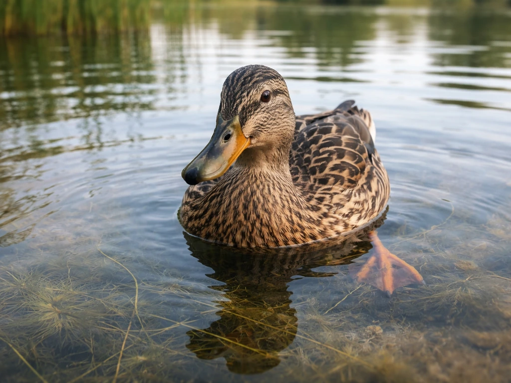 Close-up of a duck with webbed feet in clear water, bill visible, calm natural setting.
