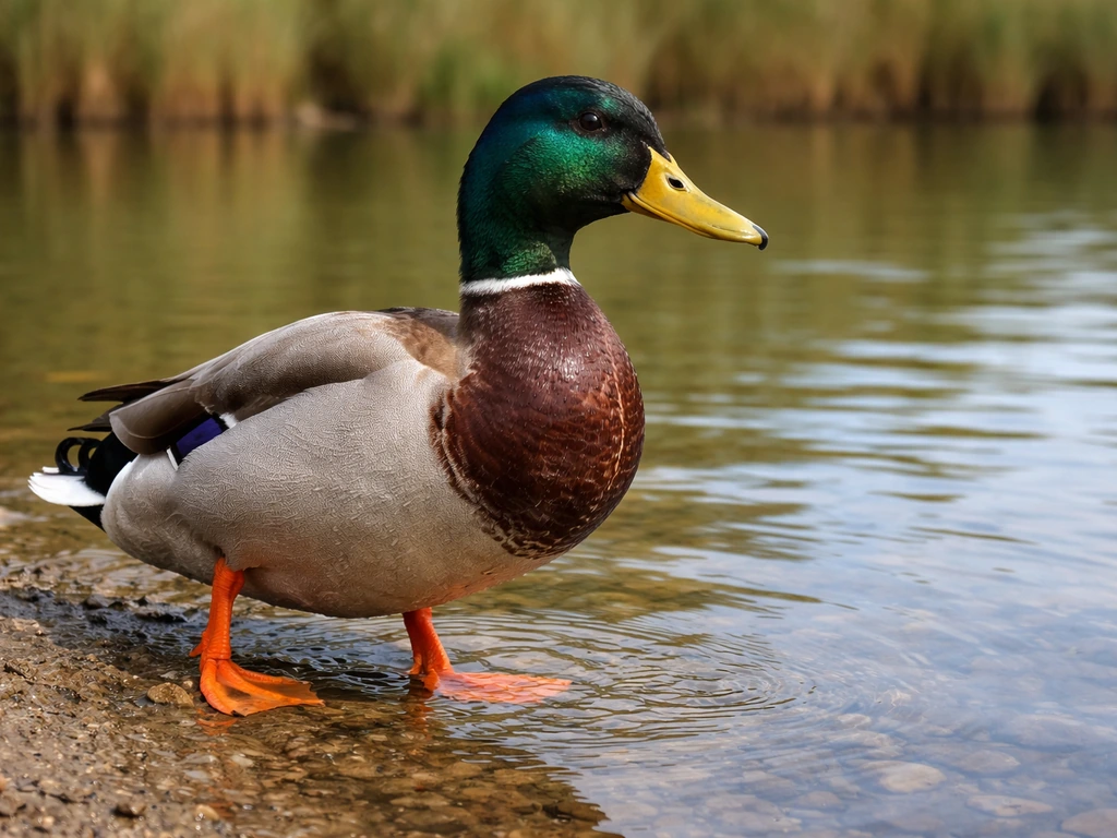 Mallard duck at a pond edge, showing webbed feet, legs set back, and broad bill in natural light