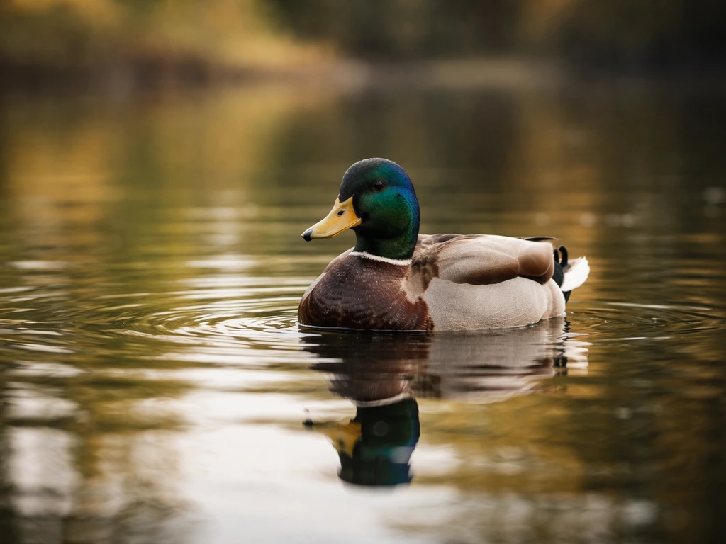 A mallard duck floating on a quiet pond, low on the water with gentle ripples