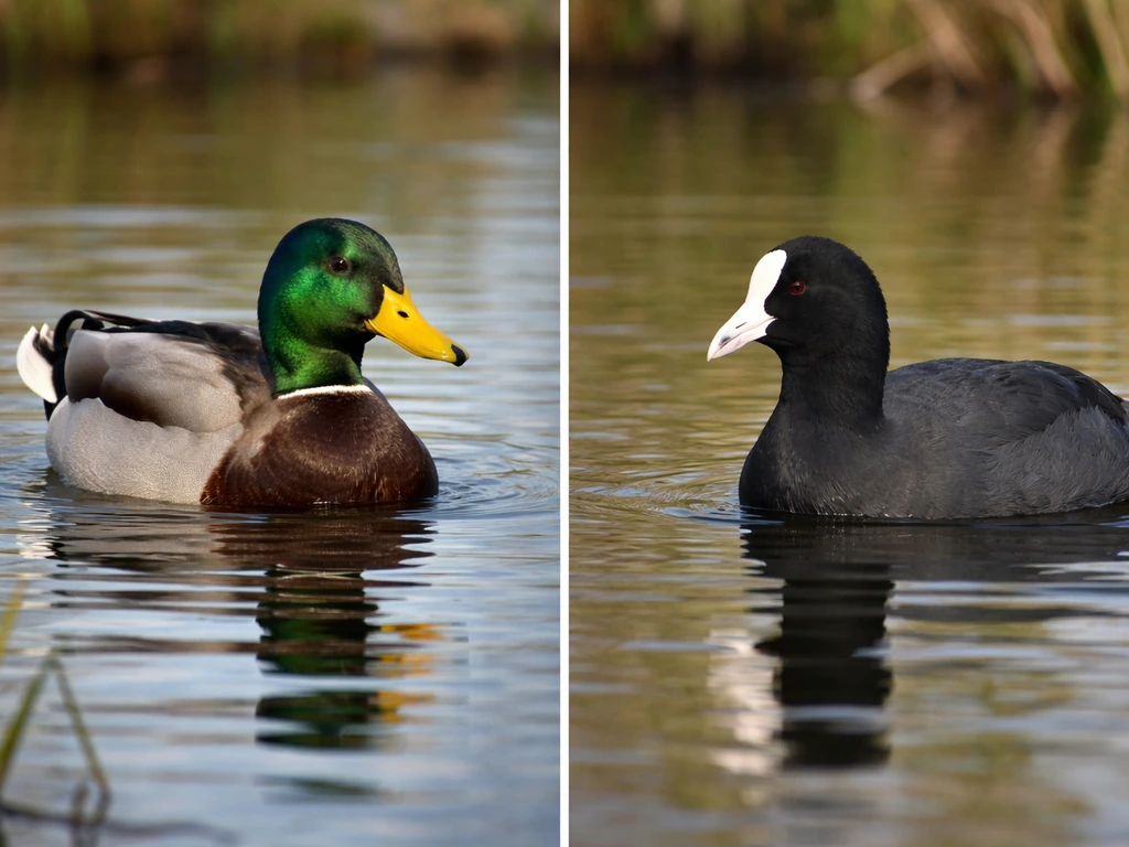 Mallard duck and American coot side-by-side on a pond, showing different head and face markings.