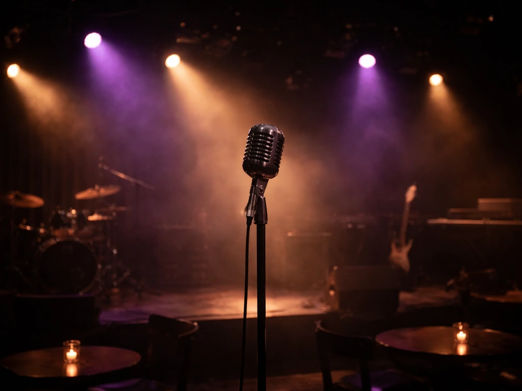 A vintage microphone on a dimly lit concert stage with soft purple and amber lights.