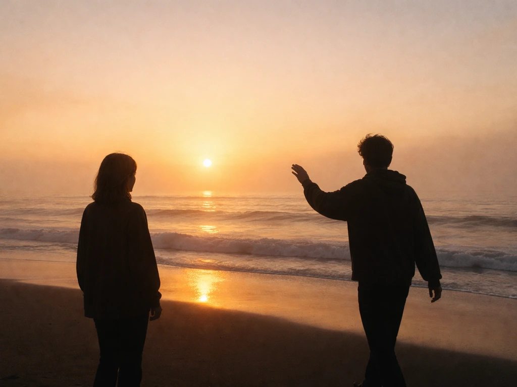 Two silhouetted figures facing each other at sunrise, one turning away like a “morning bird” departure.