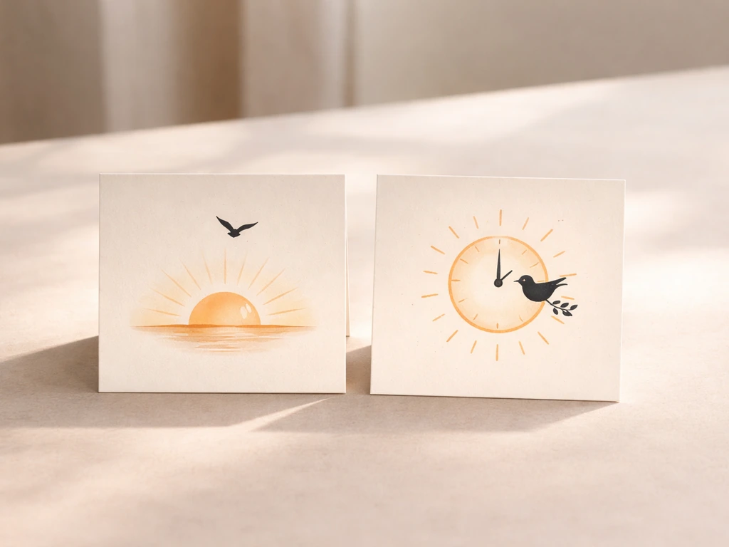 Two simple bird-themed cards side by side: one symbolizing “morning bird,” the other “early bird.”
