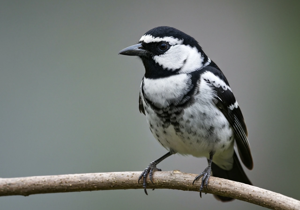 Black-and-white pied bird with bold blotched plumage perched against a clean, blurred background.
