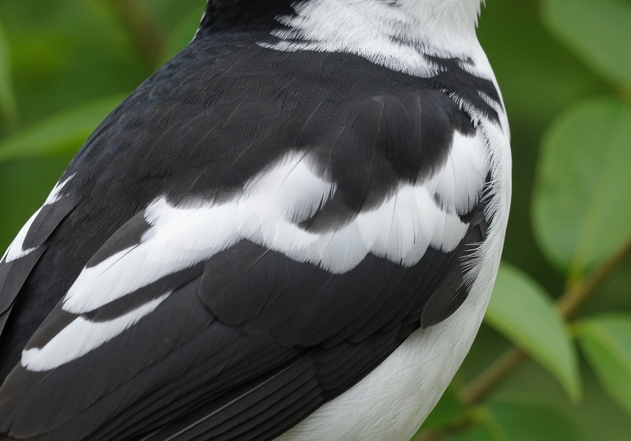 Close-up of a black-and-white bird showing irregular blotchy “pied” plumage pattern.