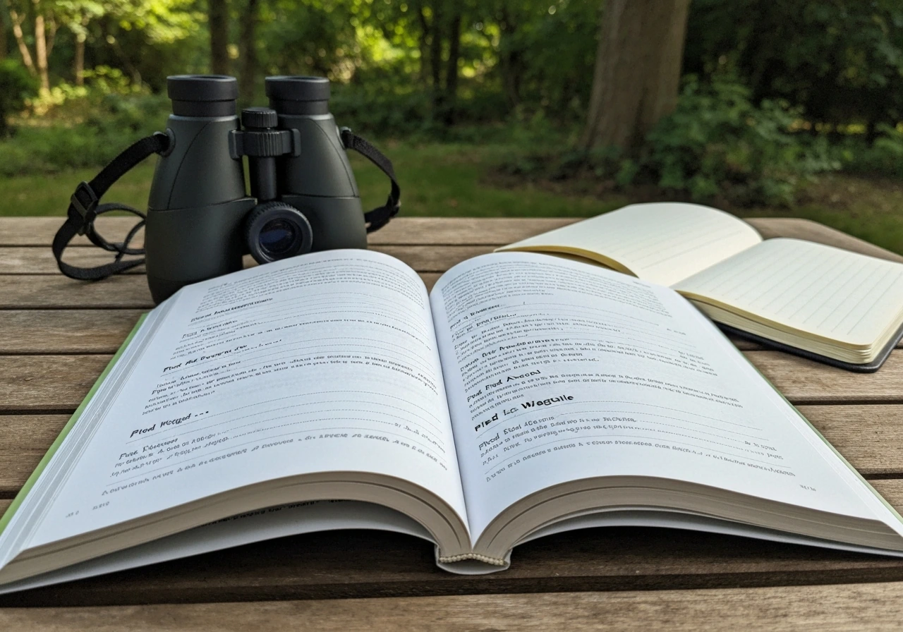Open birdwatching field guide showing multiple “Pied” species entries, with binoculars on a wooden table.