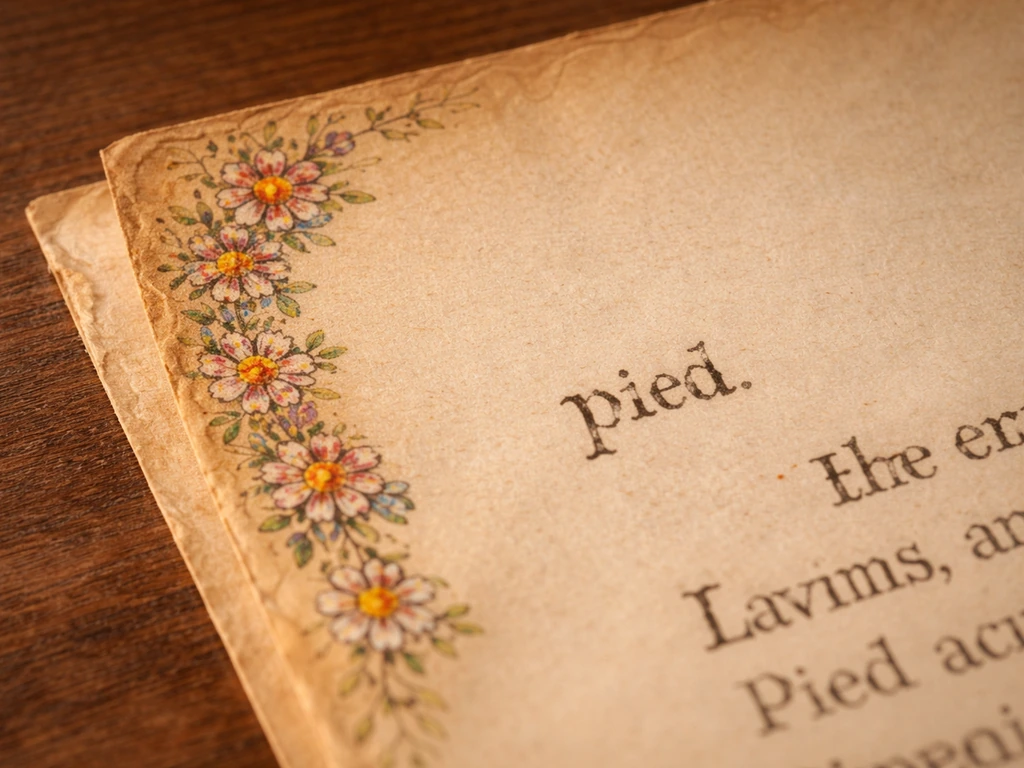 A vintage parchment page with “pied” wording and small patchy daisy illustrations in the margin.